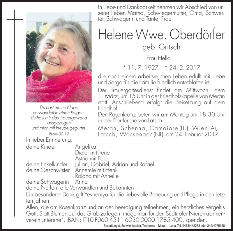  Traueranzeige für Helene Oberdörfer vom 27.02.2017 aus Dolomiten