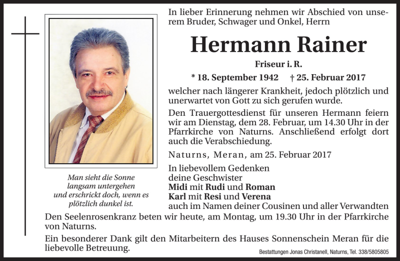  Traueranzeige für Hermann Rainer vom 27.02.2017 aus Dolomiten