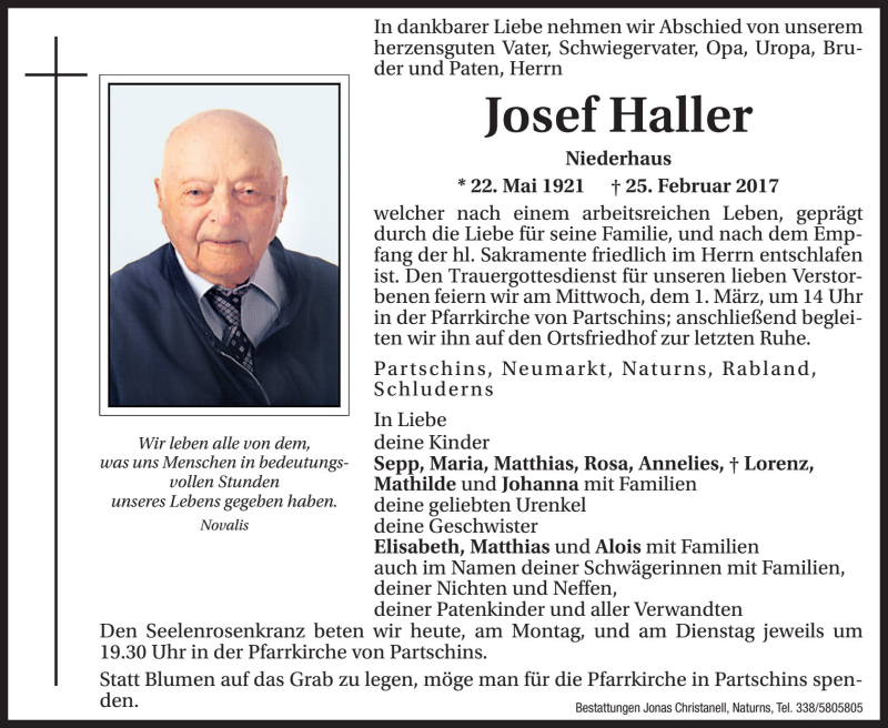  Traueranzeige für Josef Haller vom 27.02.2017 aus Dolomiten
