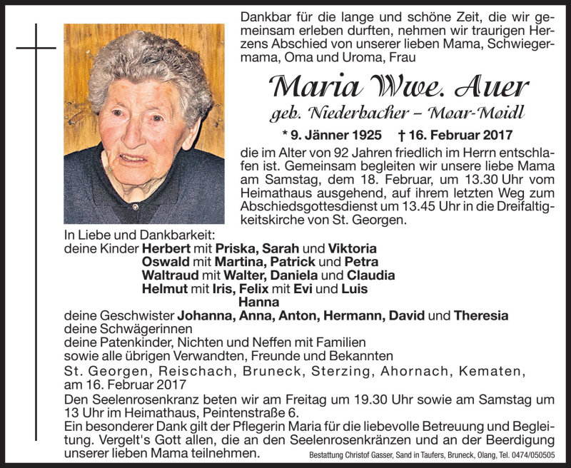  Traueranzeige für Maria Auer vom 17.02.2017 aus Dolomiten