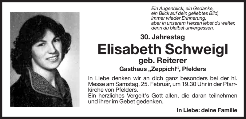  Traueranzeige für Elisabeth Schweigl vom 24.02.2017 aus Dolomiten