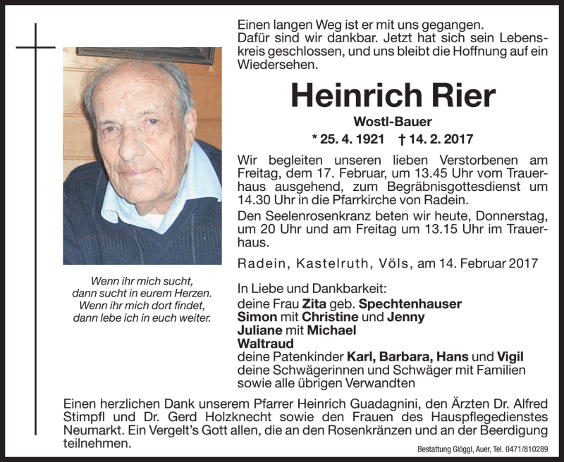 Traueranzeige für Heinrich Rier vom 16.02.2017 aus Dolomiten