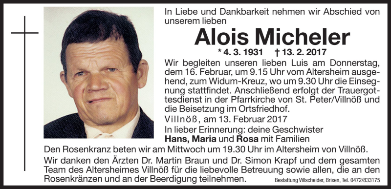  Traueranzeige für Alois Micheler vom 15.02.2017 aus Dolomiten