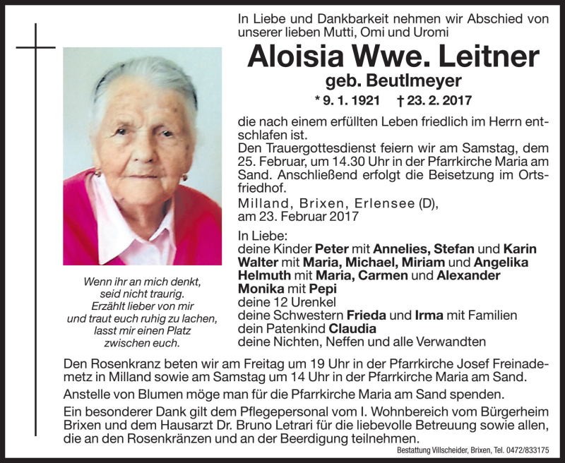  Traueranzeige für Aloisia Leitner vom 24.02.2017 aus Dolomiten
