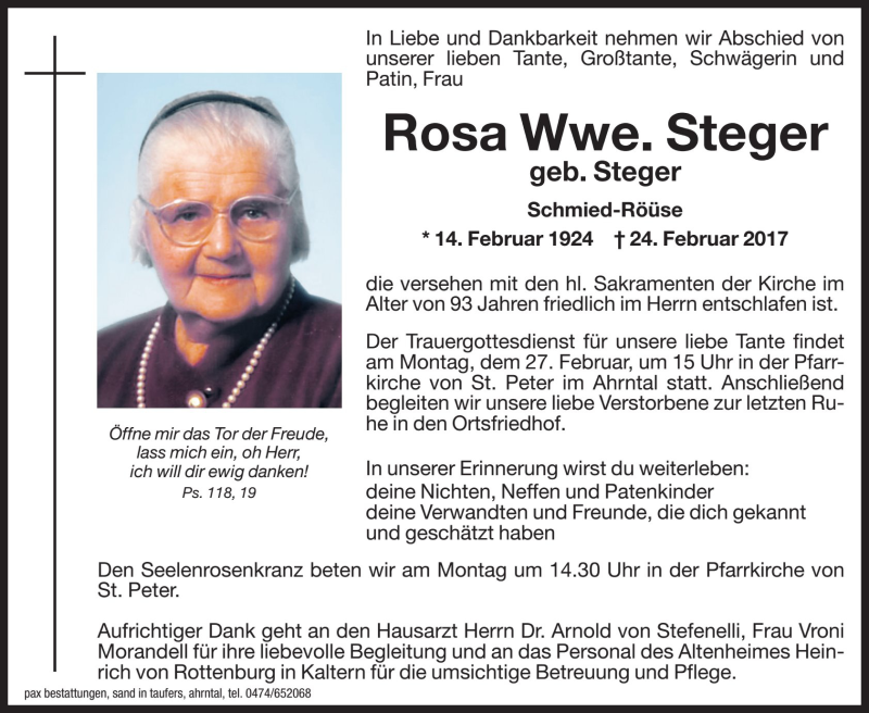  Traueranzeige für Rosa Steger vom 25.02.2017 aus Dolomiten