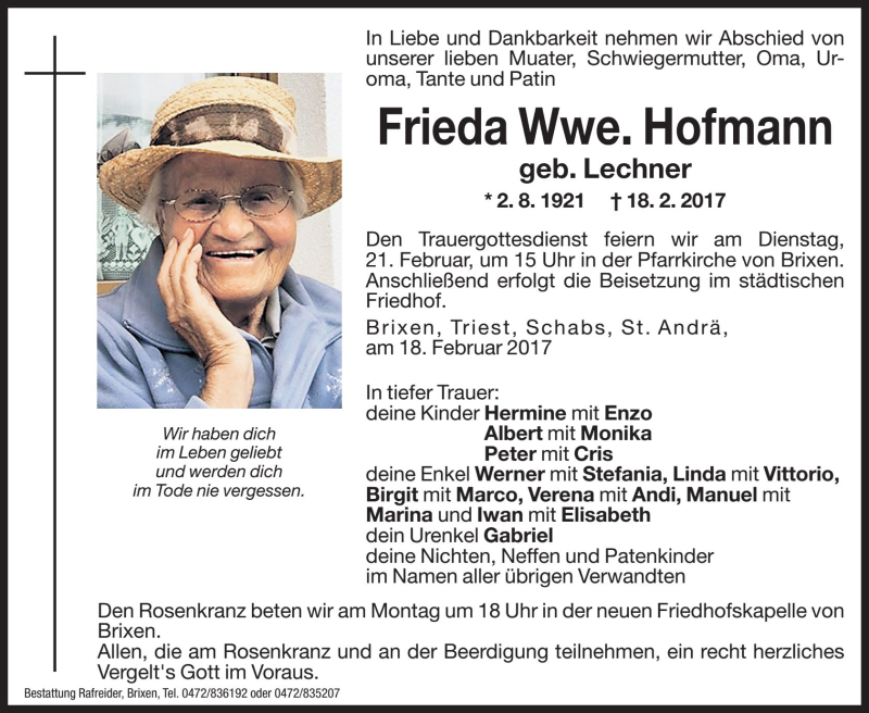  Traueranzeige für Frieda Hofmann vom 20.02.2017 aus Dolomiten