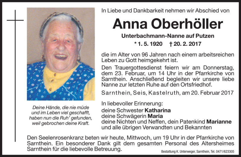  Traueranzeige für Anna Oberhöller vom 22.02.2017 aus Dolomiten
