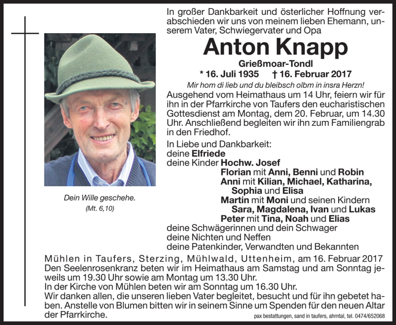  Traueranzeige für Anton Knapp vom 18.02.2017 aus Dolomiten