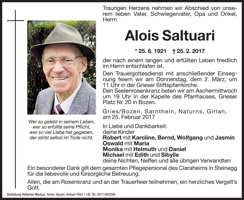  Traueranzeige für Alois Saltuari vom 27.02.2017 aus Dolomiten