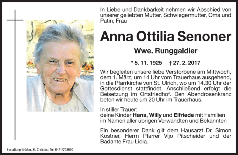  Traueranzeige für Anna Ottilia Runggaldier vom 28.02.2017 aus Dolomiten