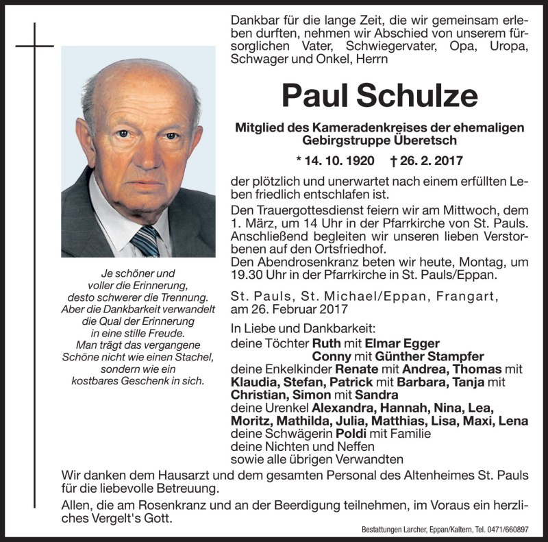  Traueranzeige für Paul Schulze vom 27.02.2017 aus Dolomiten