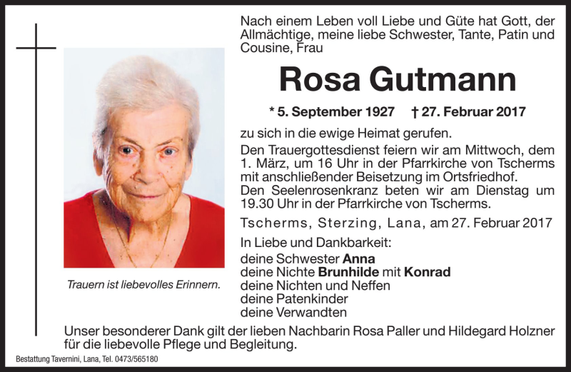  Traueranzeige für Rosa Gutmann vom 28.02.2017 aus Dolomiten