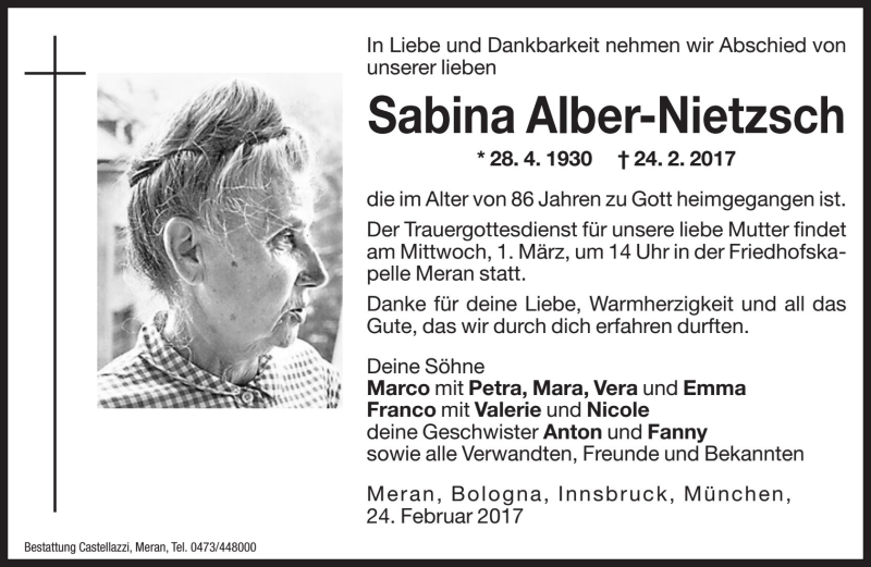  Traueranzeige für Sabina Alber-Nietzsch vom 28.02.2017 aus Dolomiten