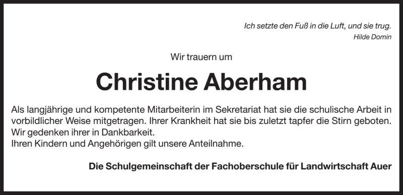  Traueranzeige für Christine Aberham vom 21.02.2017 aus Dolomiten
