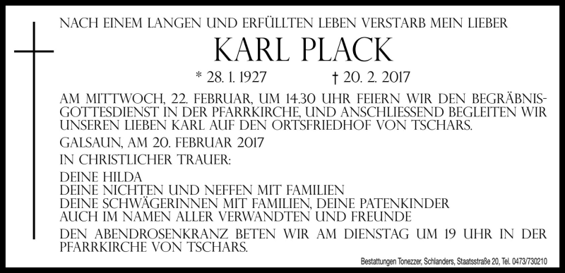  Traueranzeige für Karl Plack vom 21.02.2017 aus Dolomiten