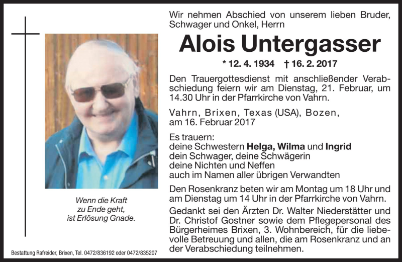  Traueranzeige für Alois Untergasser vom 18.02.2017 aus Dolomiten