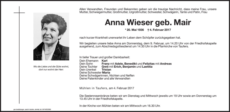  Traueranzeige für Anna Wieser vom 07.02.2017 aus Dolomiten