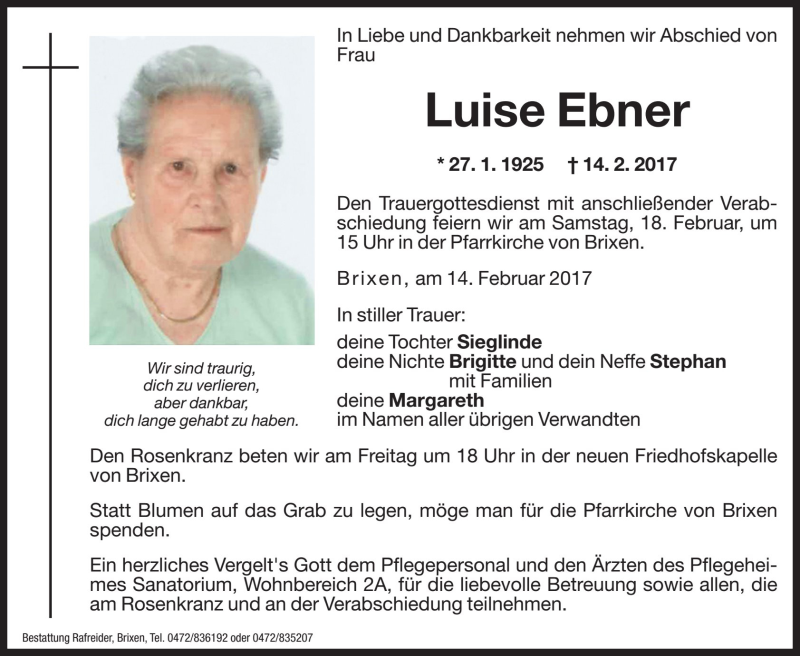  Traueranzeige für Luise Ebner vom 16.02.2017 aus Dolomiten