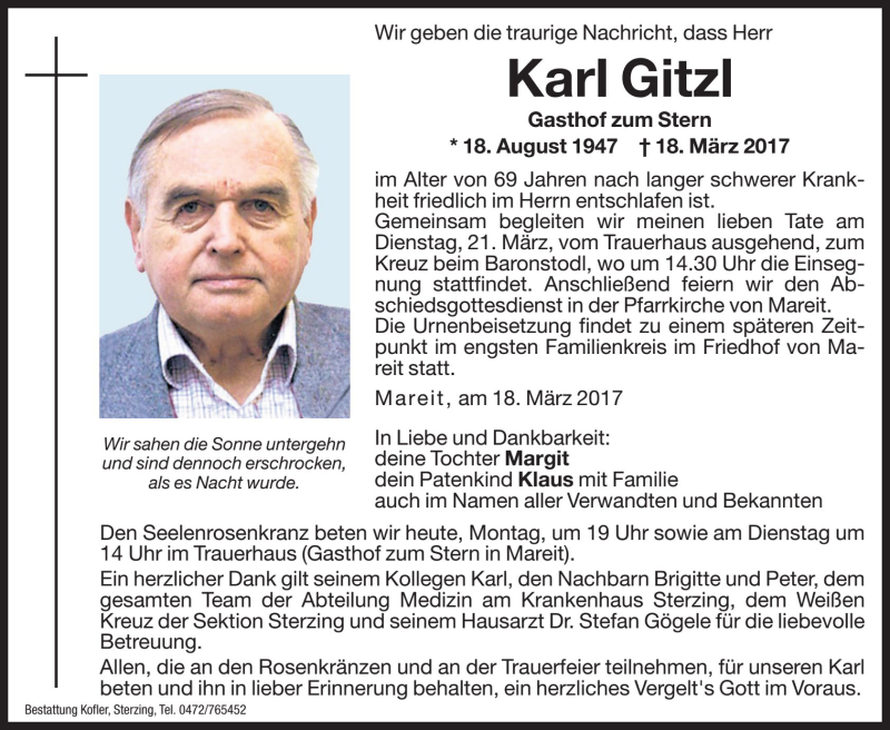  Traueranzeige für Karl Gitzl vom 20.03.2017 aus Dolomiten