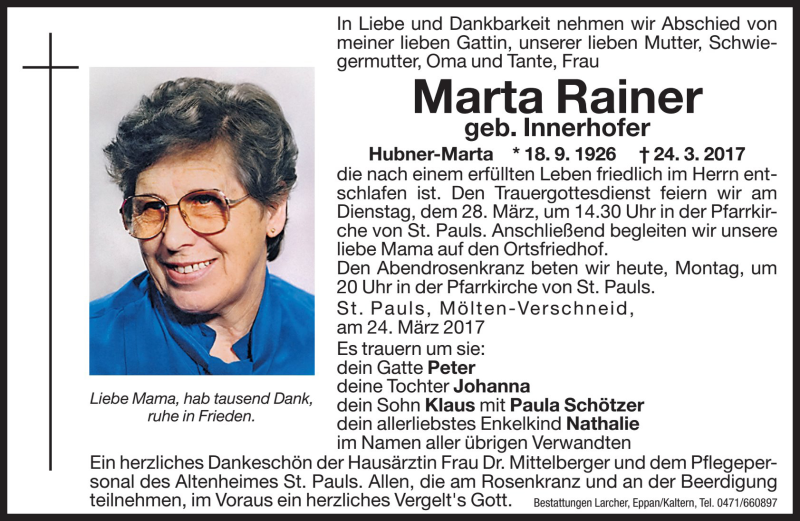  Traueranzeige für Marta Rainer vom 27.03.2017 aus Dolomiten