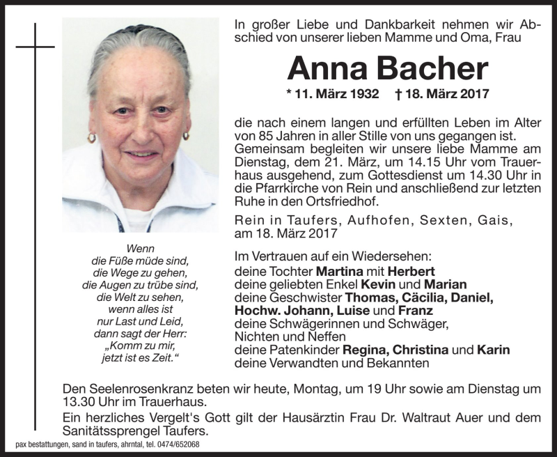  Traueranzeige für Anna Bacher vom 20.03.2017 aus Dolomiten