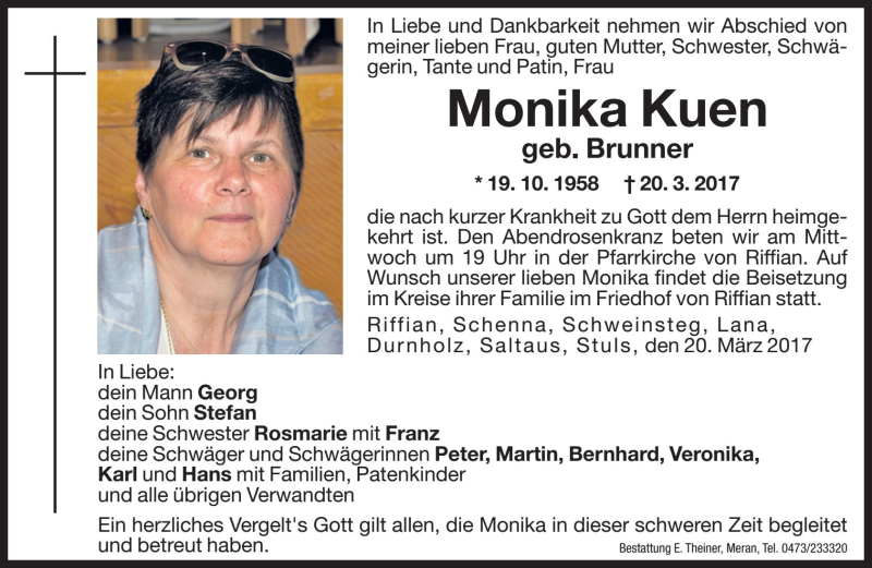  Traueranzeige für Monika Kuen vom 22.03.2017 aus Dolomiten
