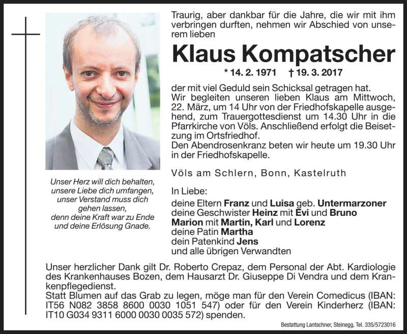  Traueranzeige für Klaus Kompatscher vom 21.03.2017 aus Dolomiten