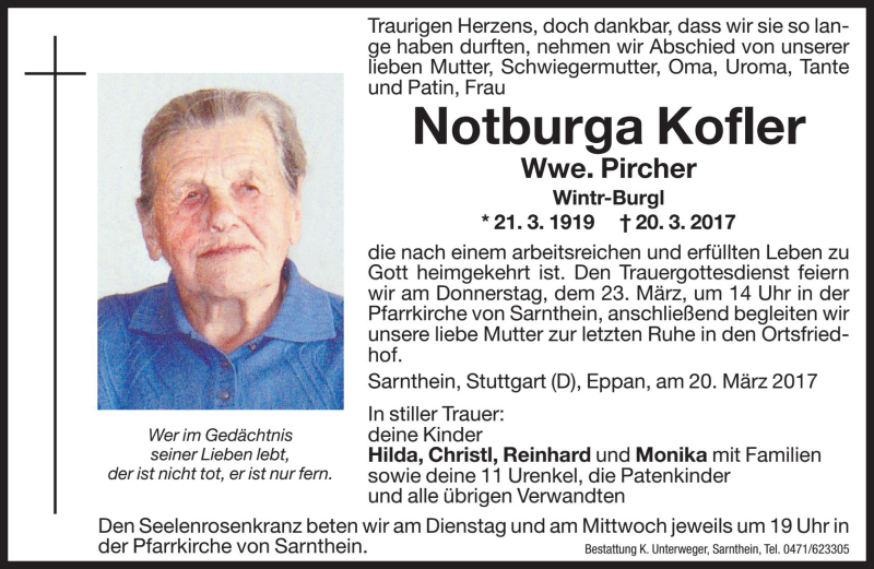  Traueranzeige für Notburga Pircher vom 21.03.2017 aus Dolomiten