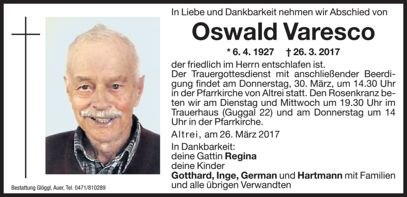  Traueranzeige für Oswald Varesco vom 28.03.2017 aus Dolomiten
