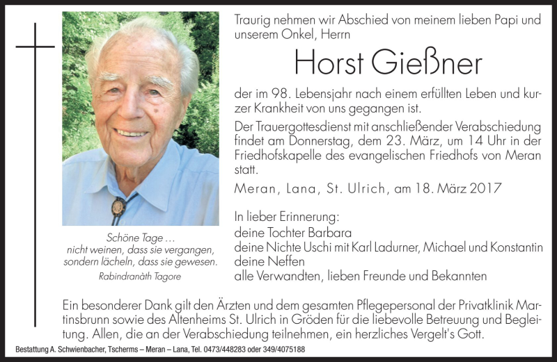  Traueranzeige für Horst Gießner vom 21.03.2017 aus Dolomiten