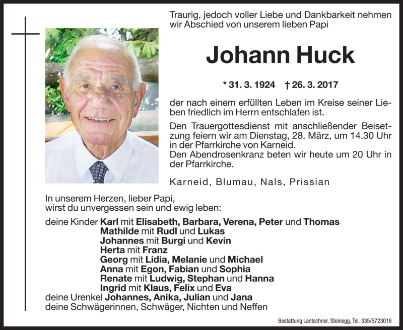  Traueranzeige für Johann Huck vom 27.03.2017 aus Dolomiten
