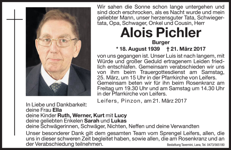  Traueranzeige für Alois Pichler vom 24.03.2017 aus Dolomiten