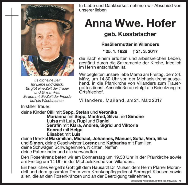 Traueranzeige für Anna Hofer vom 23.03.2017 aus Dolomiten