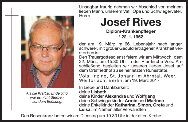  Traueranzeige für Josef Rives vom 20.03.2017 aus Dolomiten