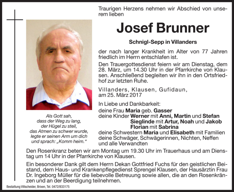  Traueranzeige für Josef Brunner vom 27.03.2017 aus Dolomiten