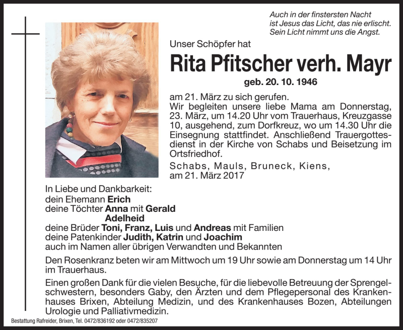  Traueranzeige für Rita Mayr vom 22.03.2017 aus Dolomiten