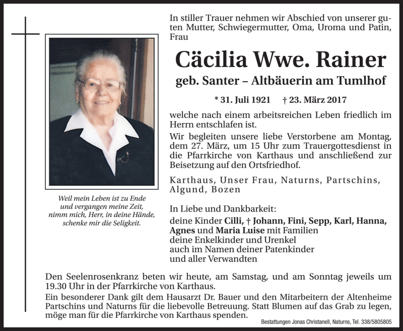  Traueranzeige für Cäcilia Rainer vom 25.03.2017 aus Dolomiten