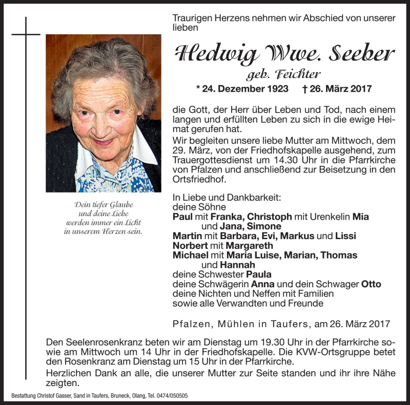  Traueranzeige für Hedwig Seeber vom 28.03.2017 aus Dolomiten