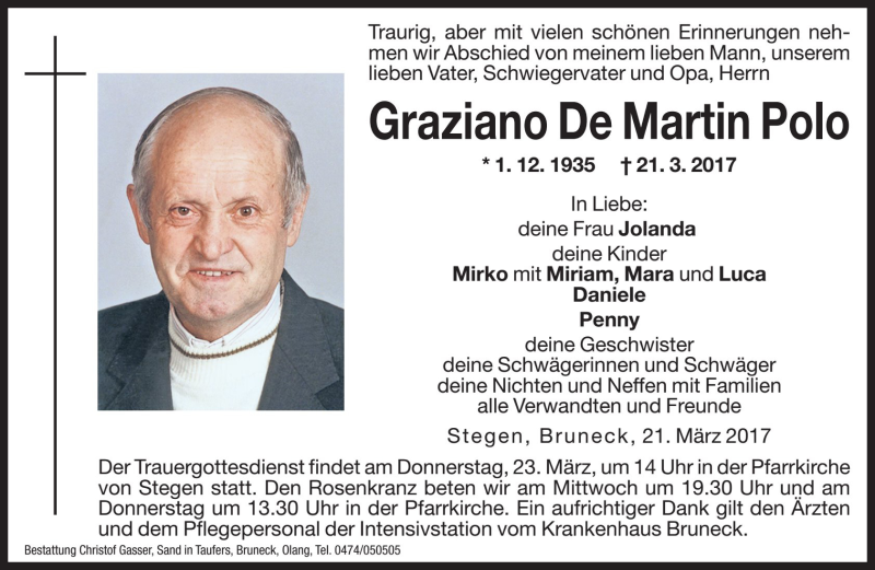  Traueranzeige für Graziano De Martin Polo vom 22.03.2017 aus Dolomiten