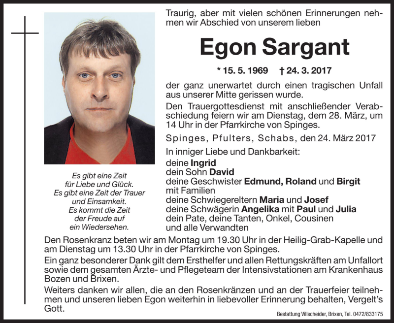 Traueranzeige für Egon Sargant vom 27.03.2017 aus Dolomiten