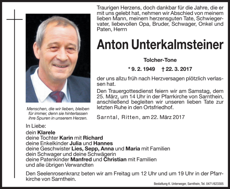  Traueranzeige für Anton Unterkalmsteiner vom 24.03.2017 aus Dolomiten