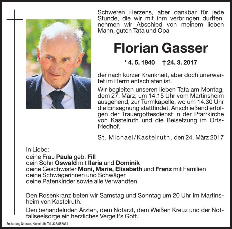  Traueranzeige für Florian Gasser vom 25.03.2017 aus Dolomiten