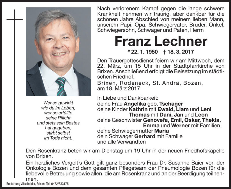  Traueranzeige für Franz Lechner vom 21.03.2017 aus Dolomiten