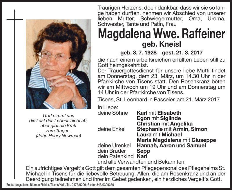  Traueranzeige für Magdalena Raffeiner vom 22.03.2017 aus Dolomiten