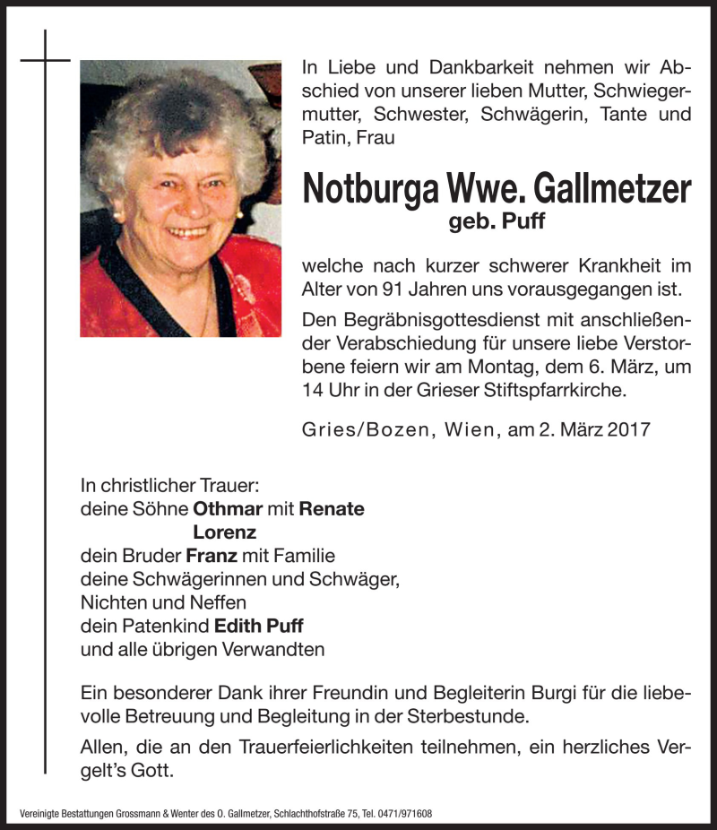  Traueranzeige für Notburga Gallmetzer vom 03.03.2017 aus Dolomiten