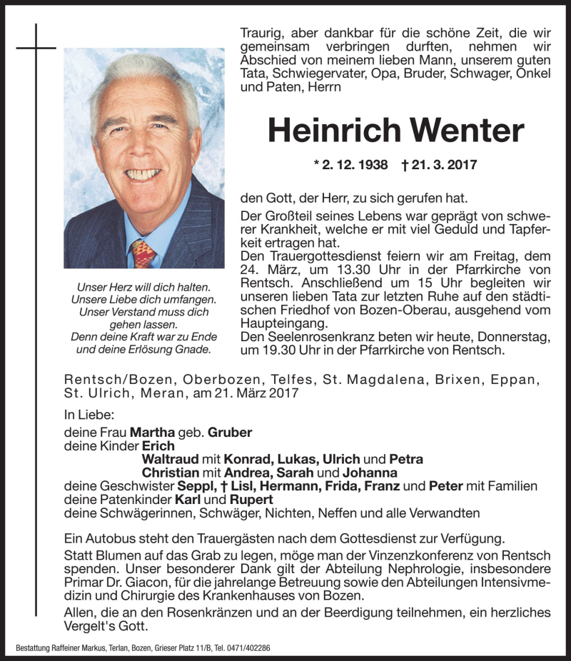  Traueranzeige für Heinrich Wenter vom 23.03.2017 aus Dolomiten