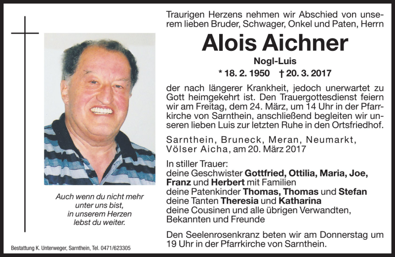  Traueranzeige für Alois Aichner vom 23.03.2017 aus Dolomiten
