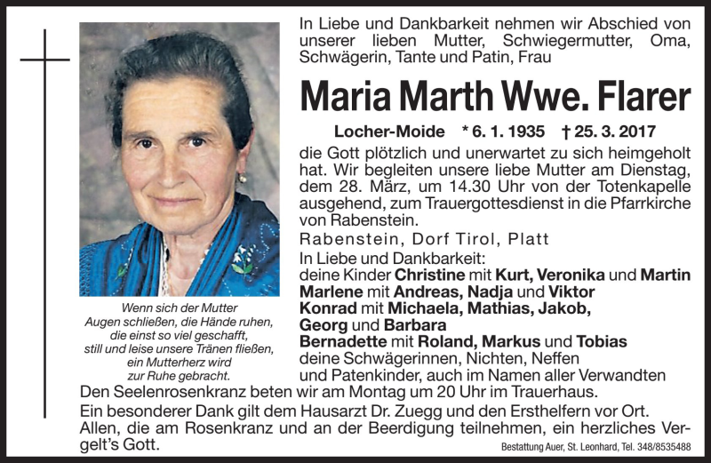  Traueranzeige für Maria Flarer vom 27.03.2017 aus Dolomiten