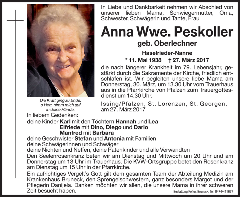  Traueranzeige für Anna Peskoller vom 28.03.2017 aus Dolomiten