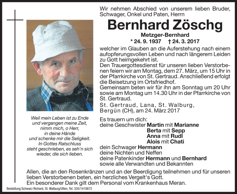  Traueranzeige für Bernhard Zöschg vom 25.03.2017 aus Dolomiten